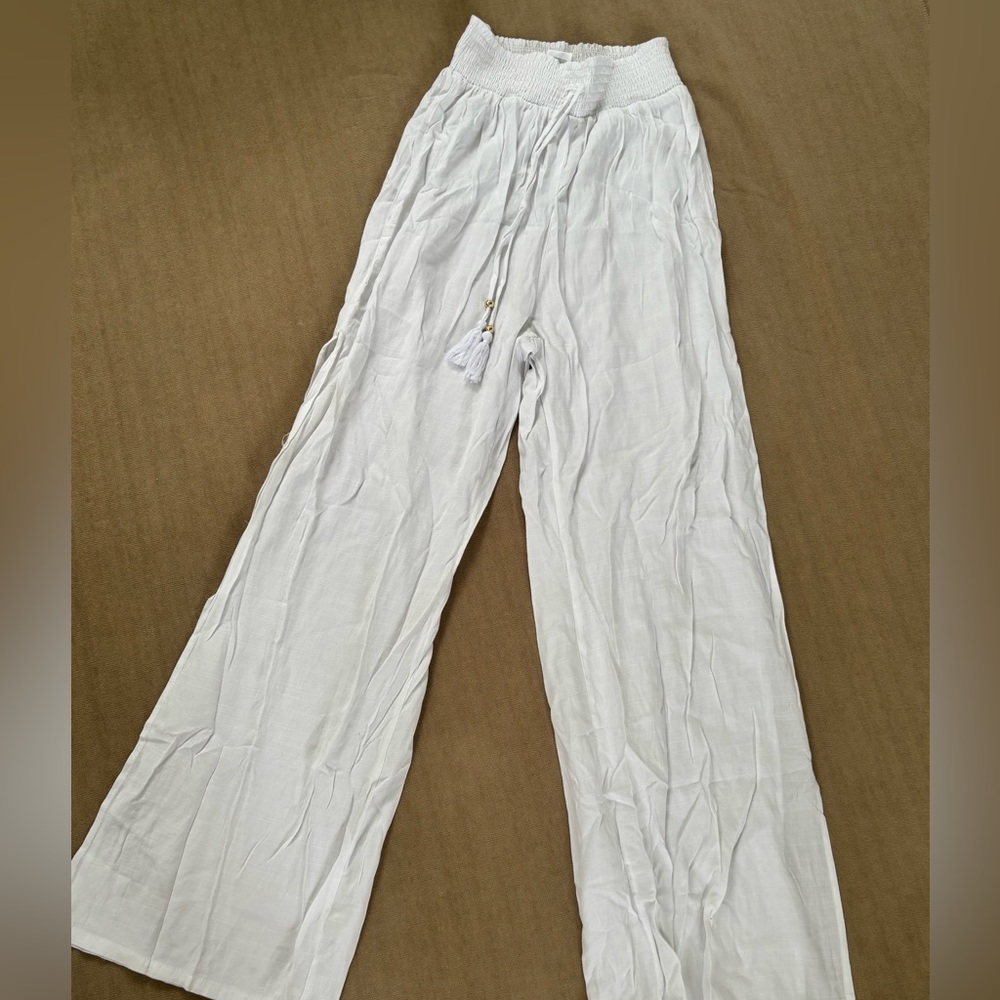 White Wide-Leg Pants with Tassel Detail